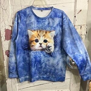 Blue Cat Print Sweatshirt in 2XL Polyester Spandex Blnd ➡️ 24”-25” and ⬇️ 28”